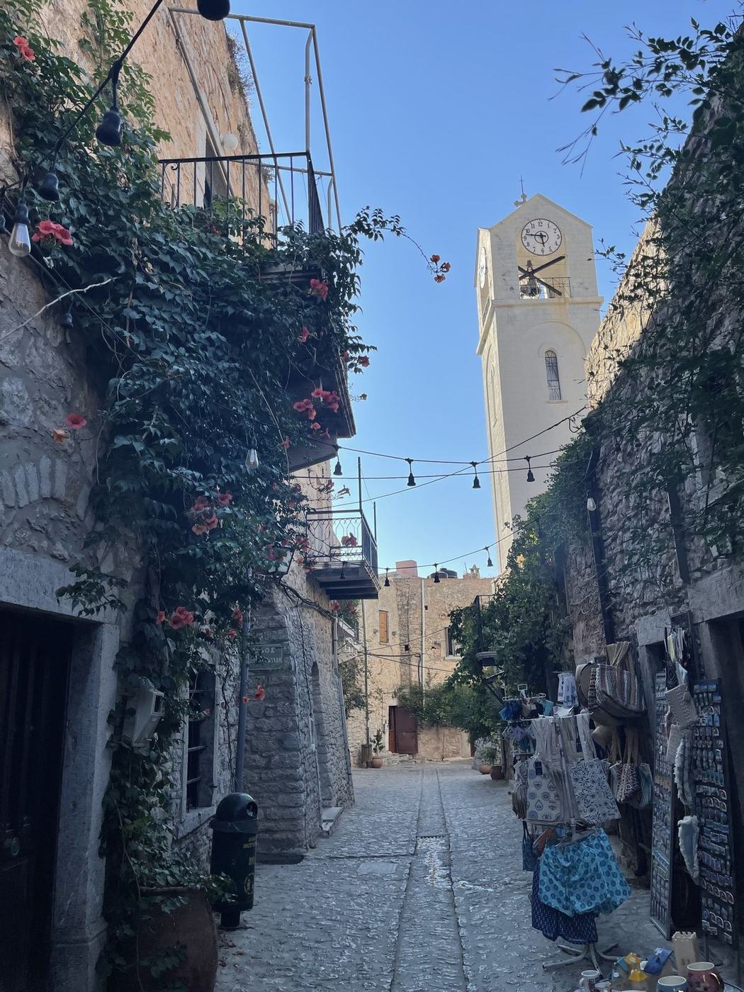 Balconies and church tower in Pyrgi