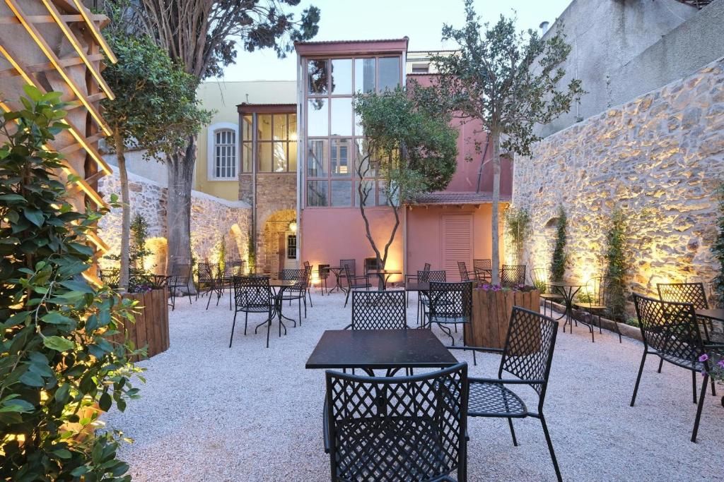 Planted courtyard lit in the evening